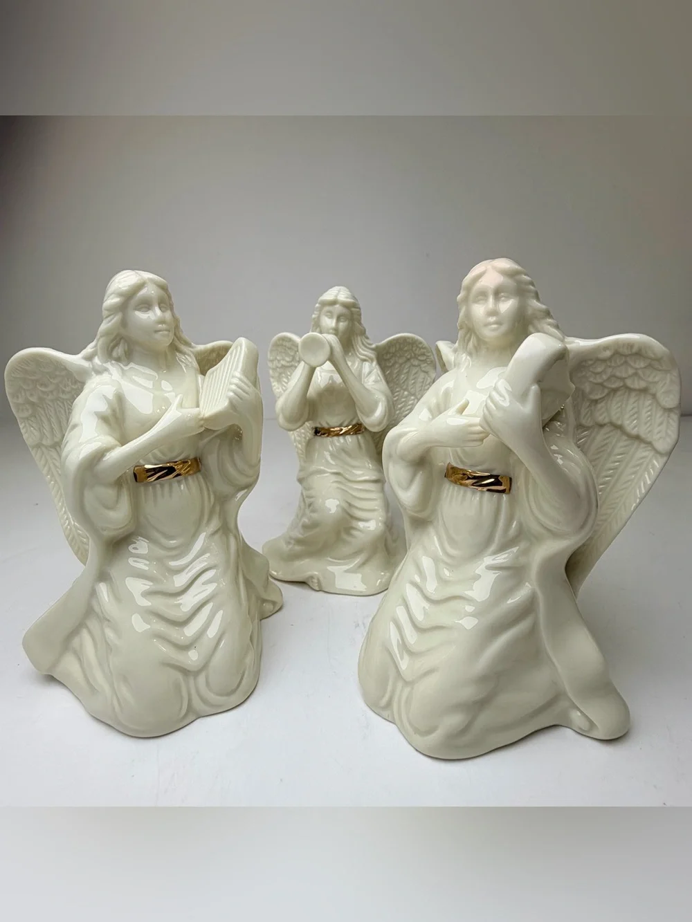 Lenox Porcelain Musical Angels Set of 3 Harp Horn Gold Trim Christmas Figurines